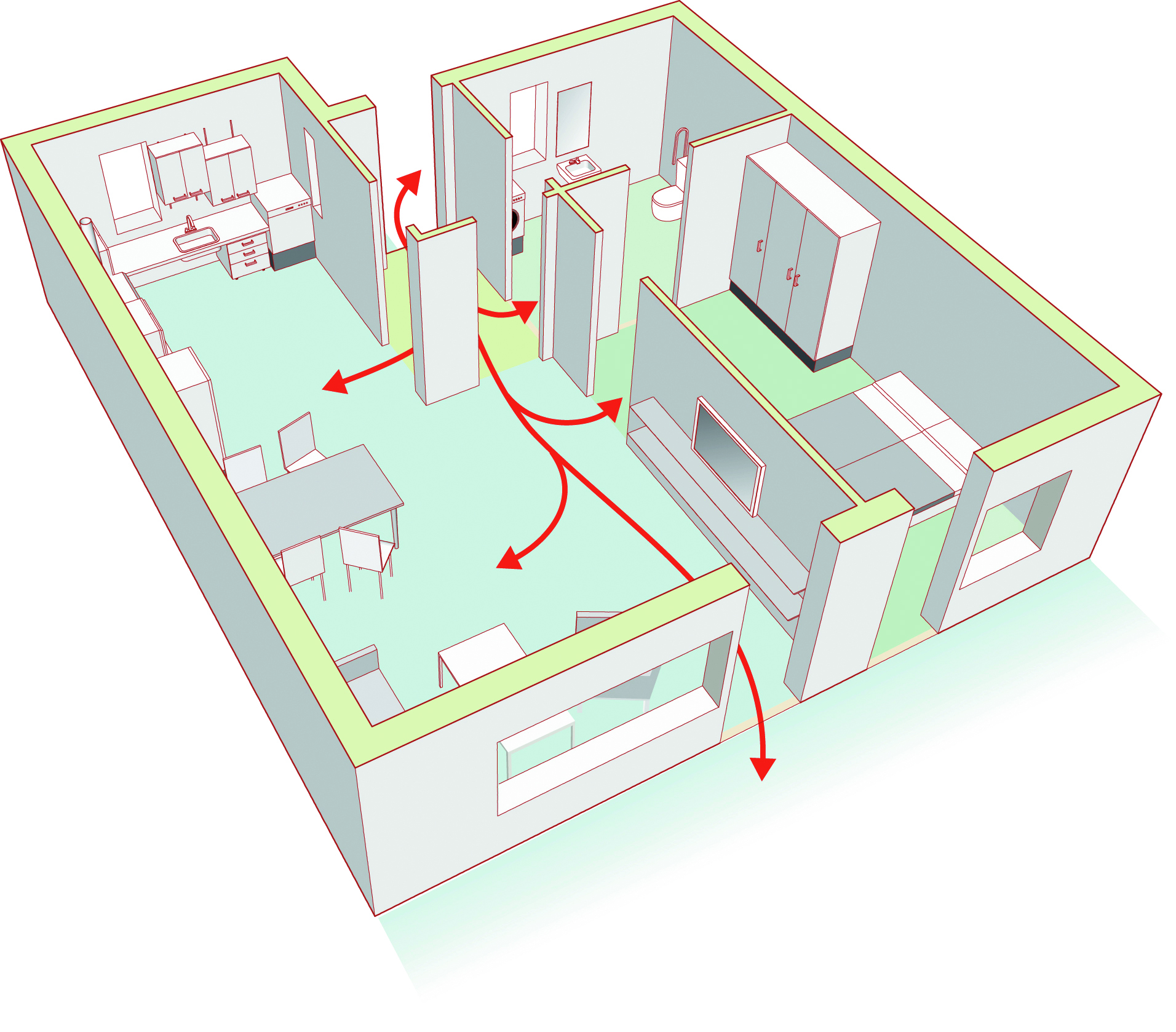 Figur 2. visualisering af den  tilgængelige bolig med tilhørende ganglinjer.