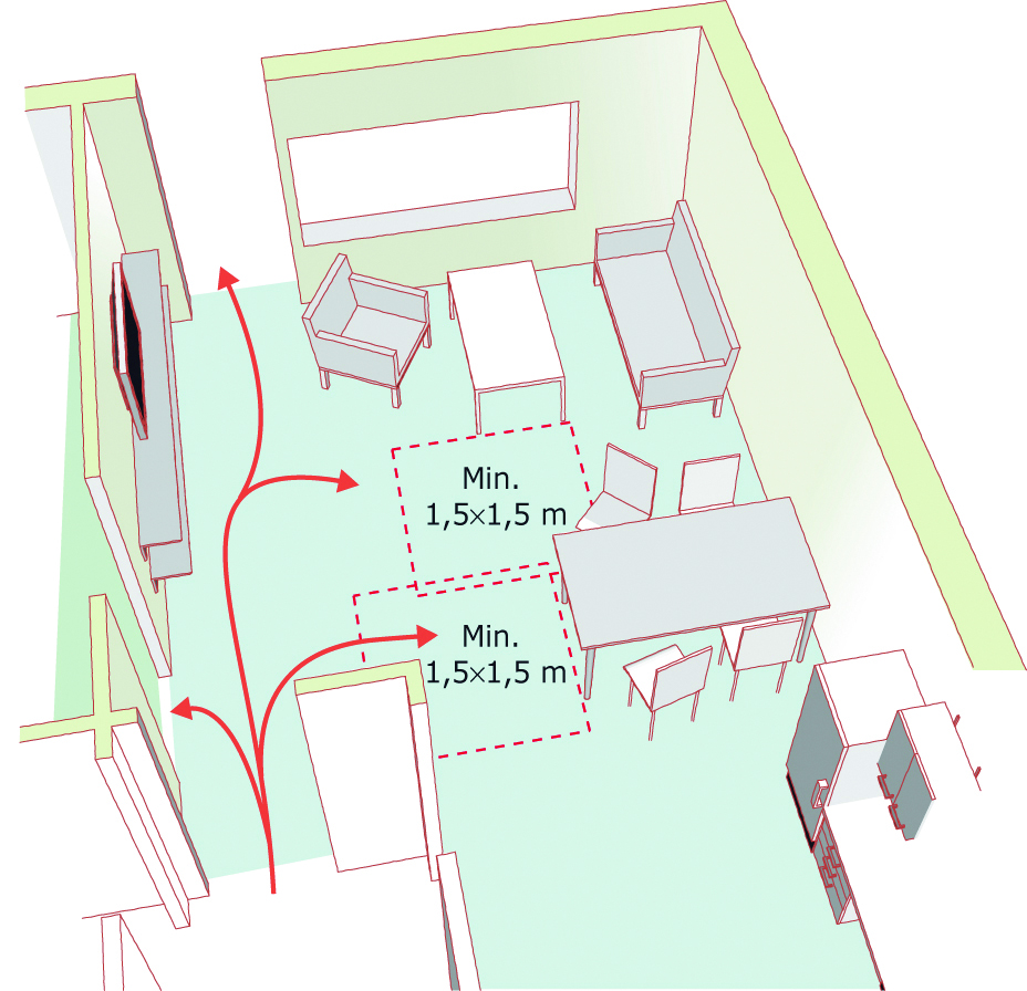 Figur 7. Visualisering af opholdsrum med ganglinjer og vendearealer for kørestolsbrugere.